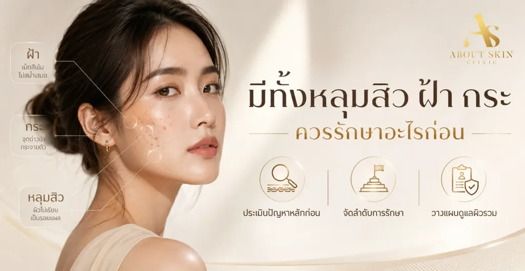ภาพประกอบบทความ มีทั้งหลุมสิว ฝ้า กระ ควรรักษาอะไรก่อน - About Skin Clinic