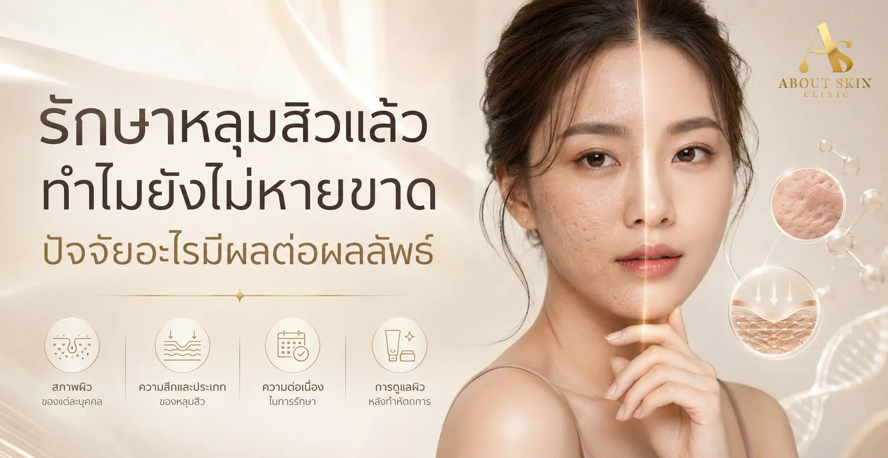 ภาพประกอบบทความ รักษาหลุมสิวแล้วทำไมยังไม่หายขาด ปัจจัยอะไรมีผลต่อผลลัพธ์ - About Skin Clinic