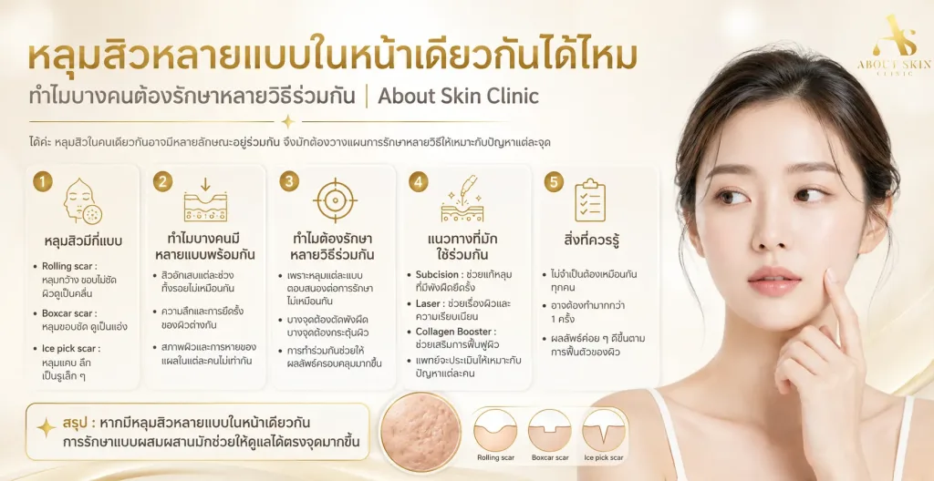 ภาพประกอบบทความ หลุมสิวหลายแบบในหน้าเดียวกันได้ไหม ทำไมบางคนต้องรักษาหลายวิธีร่วมกัน - About Skin Clinic