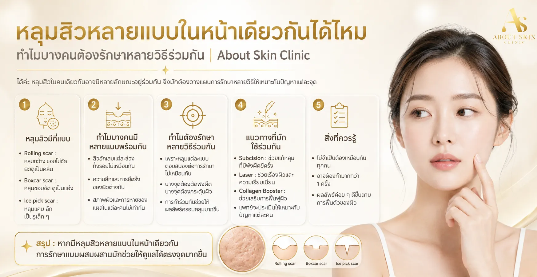 ภาพประกอบบทความ หลุมสิวหลายแบบในหน้าเดียวกันได้ไหม ทำไมบางคนต้องรักษาหลายวิธีร่วมกัน - About Skin Clinic