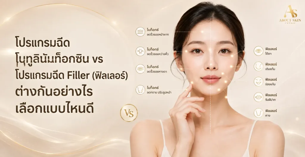 ภาพประกอบบทความ โปรแกรมฉีดโบทูลินัมท็อกซิน vs โปรแกรมฉีด Filler (ฟิลเลอร์) ต่างกันอย่างไร เลือกแบบไหนดี - About Skin Clinic