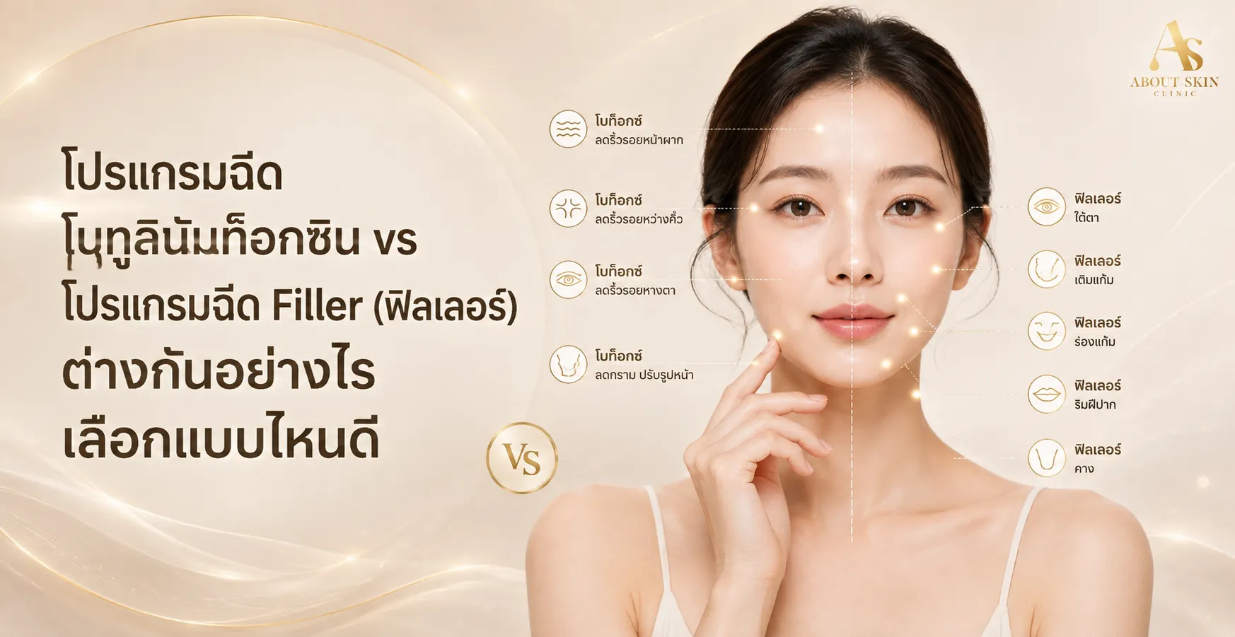 ภาพประกอบบทความ โปรแกรมฉีดโบทูลินัมท็อกซิน vs โปรแกรมฉีด Filler (ฟิลเลอร์) ต่างกันอย่างไร เลือกแบบไหนดี - About Skin Clinic