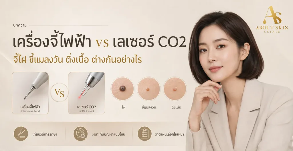 ภาพประกอบบทความ ข้อดี-ข้อเสีย เครื่องจี้ไฟฟ้า vs เลเซอร์ CO2 จี้ขี้แมลงวัน ไฝ ติ่งเนื้อ - About Skin Clinic