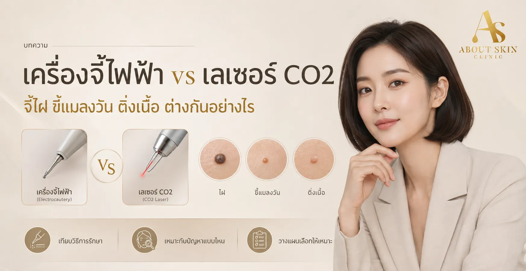 ภาพประกอบบทความ ข้อดี-ข้อเสีย เครื่องจี้ไฟฟ้า vs เลเซอร์ CO2 จี้ขี้แมลงวัน ไฝ ติ่งเนื้อ - About Skin Clinic