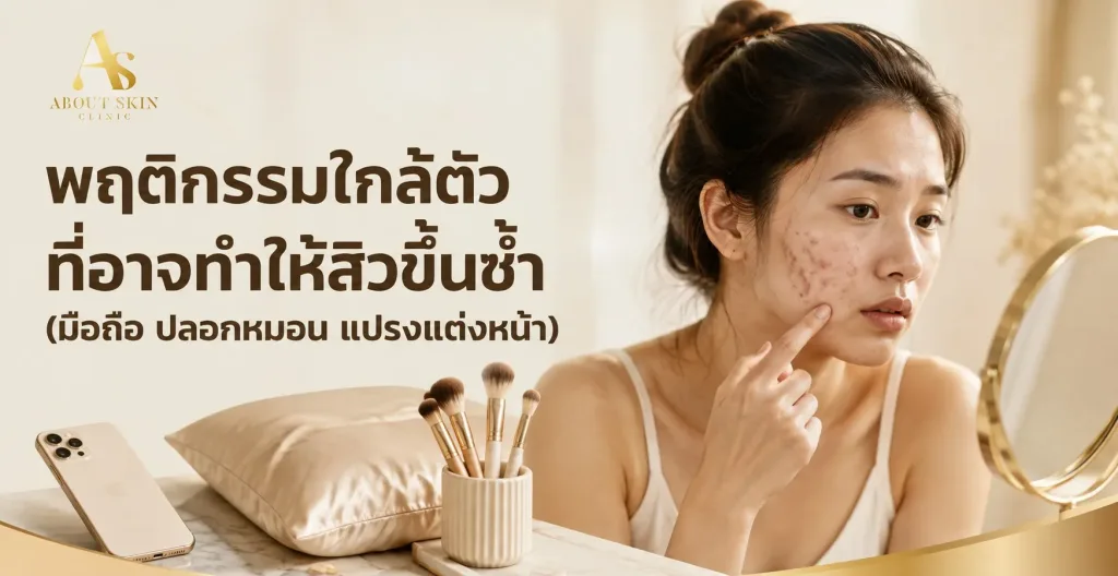 ภาพประกอบบทความ พฤติกรรมใกล้ตัวที่อาจทำให้สิวขึ้นซ้ำ (มือถือ ปลอกหมอน แปรงแต่งหน้า) - About Skin Clinic