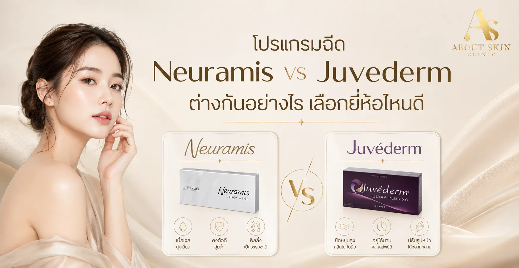 ภาพประกอบบทความ โปรแกรมฉีด Neuramis vs โปรแกรมฉีด Juvederm ต่างกันอย่างไร เลือกยี่ห้อไหนดี - About Skin Clinic