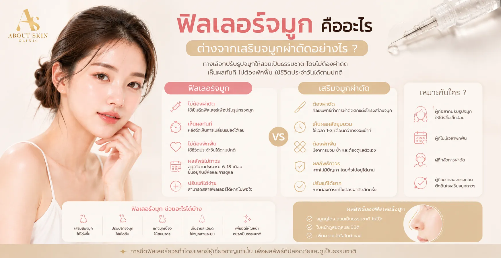 ภาพประกอบบทความ ฟิลเลอร์จมูก คืออะไร ต่างจากเสริมจมูกผ่าตัดอย่างไร - About Skin Clinic