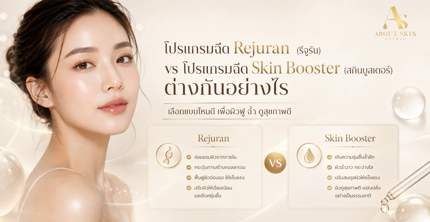 ภาพประกอบบทความ โปรแกรมฉีด Rejuran (รีจูรัน) vs โปรแกรมฉีด Skin Booster (สกินบูสเตอร์) ต่างกันอย่างไร - About Skin Clinic