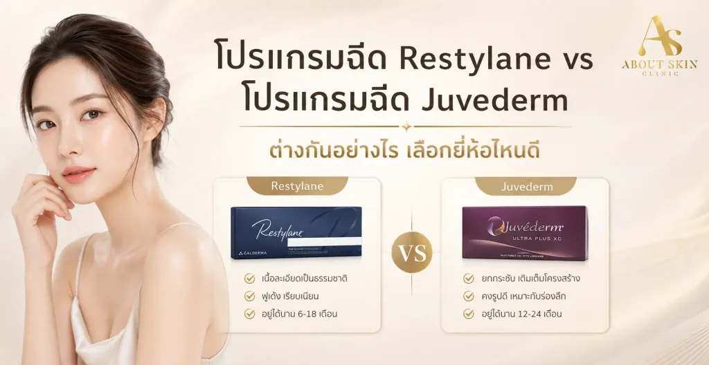 ภาพประกอบบทความ โปรแกรมฉีด Restylane vs โปรแกรมฉีด Juvederm ต่างกันอย่างไร เลือกยี่ห้อไหนดี - About Skin Clinic