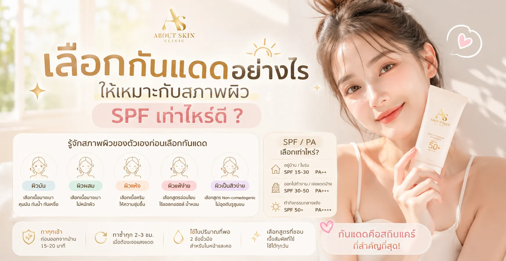 ภาพประกอบบทความ เลือกกันแดดอย่างไรให้เหมาะกับสภาพผิว SPF เท่าไหร่ดี - About Skin Clinic