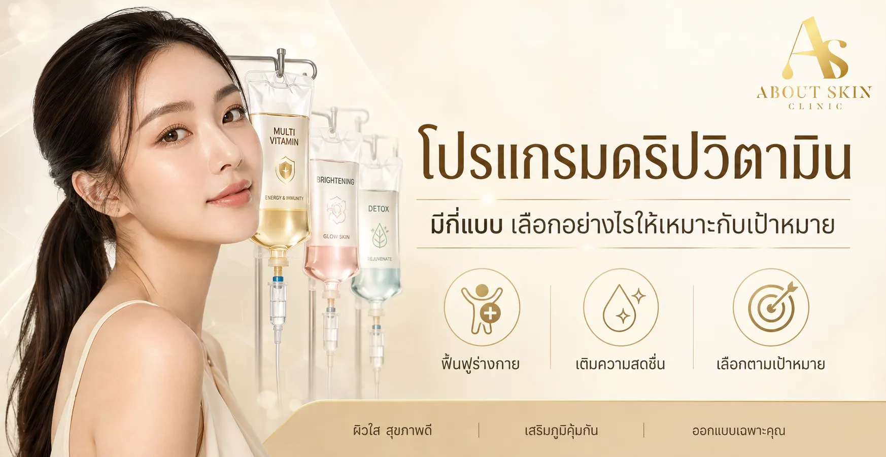 ภาพประกอบบทความ โปรแกรมดริปวิตามิน มีกี่แบบ เลือกอย่างไรให้เหมาะกับเป้าหมาย - About Skin Clinic