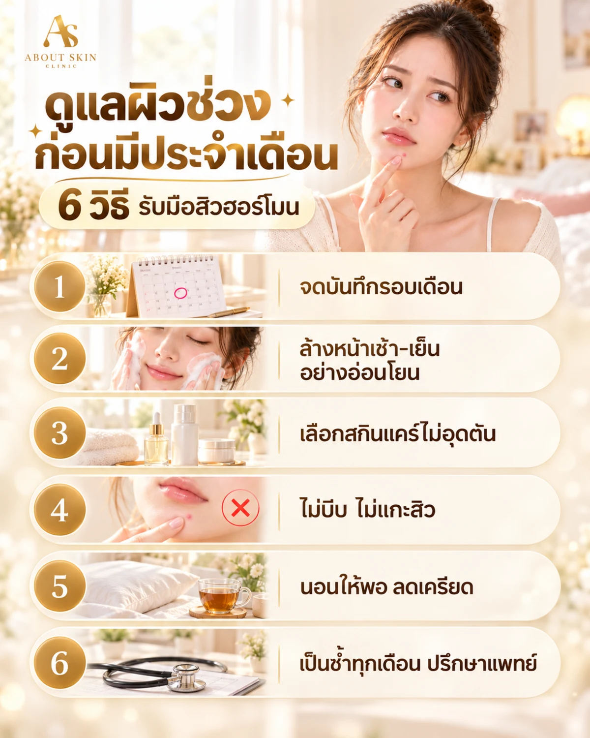 6 วิธีดูแลผิวช่วงก่อนมีประจำเดือน รับมือสิวฮอร์โมน - About Skin Clinic